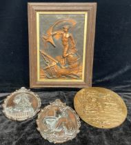 A 19th century oval bronze plaque, in bold relief with classical scene, 25cm high; a pair of