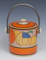 A Clarice Cliff Melon pattern biscuit barrel, orange ground, pewter swing handle, printed mark, 17cm