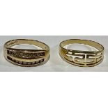 A 14ct gold ring, with Greek Key openwork design, size O, marked 585, 1.7g; a 9ct gold ring, channel