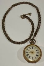 A late Victorian/Edwardian gold coloured metal fob watch, stamped '14K' for 14ct, engraved and