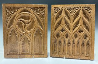 A pair of carved oak panels, each with Gothic arches, carpenter's samples originating in Wirksworth,