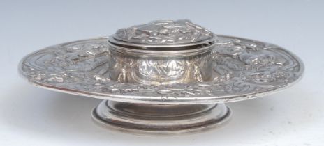 A Renaissance Revival electrotype circular inkwell, in relief with horse racing, chariot racing, and