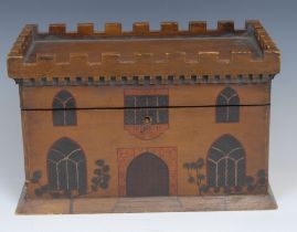 A novelty tea caddy, as a 19th century Gothic Revival house, hinged cover with crenellations,