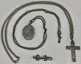 A silver locket and chain, marked 925; a crucifix and chain; a lizard brooch, marked 925 (3)
