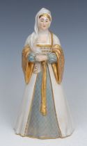 A Royal Worcester figure, Anne Boleyn, decorated in flesh tones, pale blue and gilt, 21.5cm high,