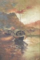 Henry Leung (20th century) Beached Sampans, signed, oil on canvas, 90cm x 59.5cm