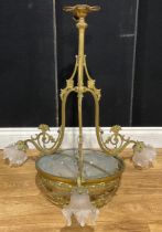 A brass and glass three-branch ceiling electrolier, 79cm high, 72.5cm wide