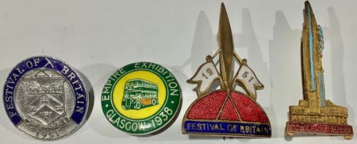 Badges - three Festival of Britain 1951 enamel badges; an Empire Exhibition, Glasgow, 1938 badge