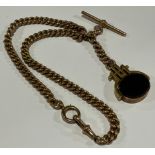 A 9ct gold curb link Albert, t-bar, lobster claw clasp, swivel bloodstone fob, 71.55g gross