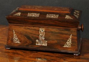 A William IV rosewood and mother-of-pearl marquetry sarcophagus tea caddy, hinged cover enclosing