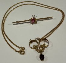 A 9ct gold rectangular bar brooch, centered with an insect set with a seed pearl and pink stone; a