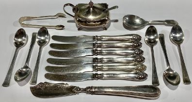 A set of six silver teaspoons, Birmingham 1937; a pair of silver sugar bows, Sheffield 1936; a caddy