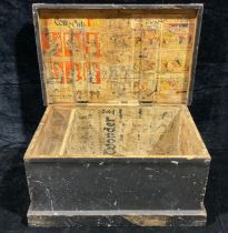 A Victorian painted pine tool chest, lined with comics dated c.1897, pair of wrought drop handles,