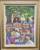 John Staddon (bn. 1946) Punch & Judy, Cathedral Green, signed, oil on board, 50cm x 37cm