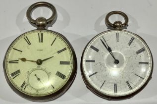 A hallmarked silver fusee pocket watch; another, plated