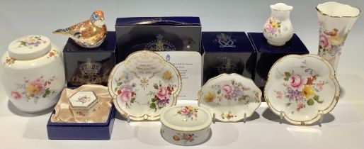 A Royal Crown Derby paperweight, Linnet, gold 21st Anniversary stopper, boxed; other Royal Crown