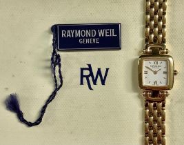A lady's Raymond Weil gold plated watch, square dial, Roman numerals to quarters, integral gold