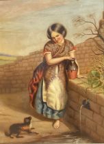 English School (19th century) Fetching Water, inscribed to verso Richard Staunton Cahill, oil on