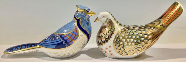 A Royal Crown Derby paperweight, Dove of Peace, silver stopper; another, Blue Jay, silver stopper (