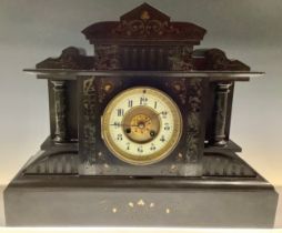 A 19th century French black marble mantel clock, architectural case, c.1880