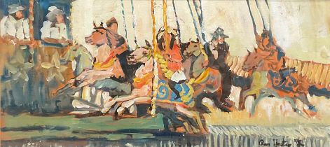 Ross Foster The Merry-Go-Round signed, oil, 20cm x 44cm