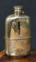 A Victorian silver plated bowed rectangular hip flask, the upper section with level window, pull off