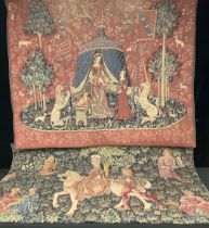A French Point de L'Halluin tapestry wall hanging, of a Medieval scene, 110cm x 135cm; another