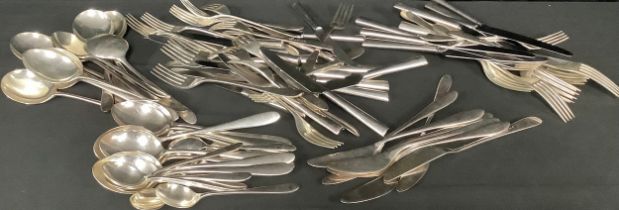 A set of BSL silver plated flatware, table forks and knives, fish forks and knives, soup spoons,