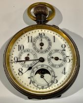 A Swiss gun metal calendar pocket watch, Arabic numerals on 4.5cm white dial, subsidiary seconds,