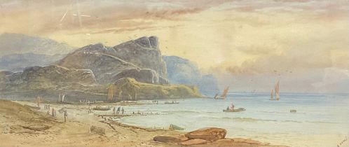 E Nevil Coastal Scene with Fishing Boats signed, watercolour, 41 x 71cm