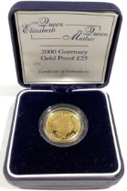 Coins - an Elizabeth II Guernsey 24ct gold proof £25 coin, minted 2000, 0.25oz, limited edition of