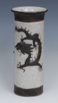 A Chinese sleeve vase, moulded with a dragon, picked out in tones of brown on a crackle glazed