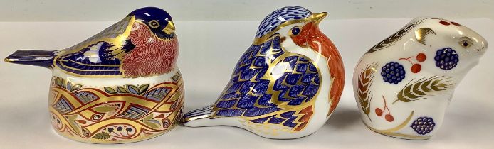 A Royal Crown Derby paperweight, Bullfinch Nesting, gold stopper; others, Harvest Mouse, gold