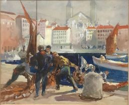Hal (Henry William Lowe) Hurst (1865 - 1938) Unloading the Catch signed, watercolour, 35cm x 42cm