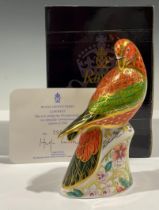 A Royal Crown Derby paperweight, Lorikeet, specially commissioned, limited edition 398/2500, gold