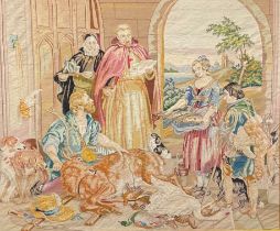 A large Victorian needlework tapestry, figures with dogs and game, 106 x 123cm