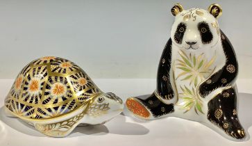 A Royal Crown Derby paperweight, Giant Panda, silver stopper; another, Indian Star Tortoise,
