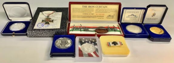 Coins - a USA silver proof dollar, sealed; a Hungarian silver proof coin, capsulated, boxed; two