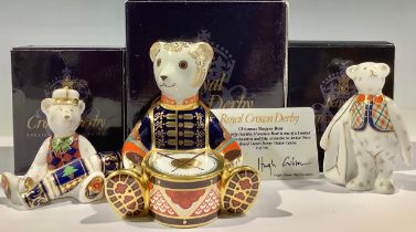 A Royal Crown Derby paperweight, Teddy Bear, Drummer Teddy, gold stopper, boxed; other miniature