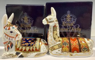 A Royal Crown Derby paperweight, Llama, Collector's Guild exclusive, gold stopper, boxed; another,