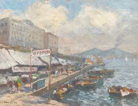 Francesco Di Marino (1892-1954) Italian Harbour, signed, oil on board, 26cm x 34cm