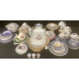 A large collection of blue and white china, including tea set, decorative plates, etc