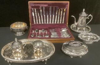 A Viner's Kings pattern canteen of flatware for six; a three piece tea service; trays; etc (