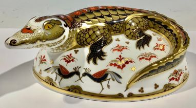 A Royal Crown Derby paperweight, Crocodile, exclusive gold signature edition, gold stopper, 16cm