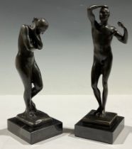 A pair of male and female bronze nudes, after Rodin
