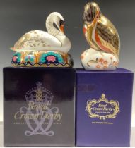 A Royal Crown Derby paperweight, Swan, gold stopper, boxed; another, Kingfisher, gold stopper, boxed