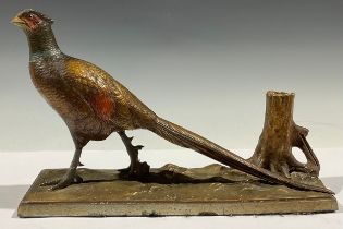 A cold painted bronze table lighter, as a pheasant