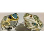 A Royal Crown Derby paperweight, Marsh Frog, gold stopper; another, Fountain Frog, gold stopper (2)