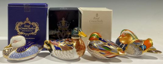 A Royal Crown Derby paperweight, Teal, gold stopper; others, Duck, gold stopper, boxed; Mandarin