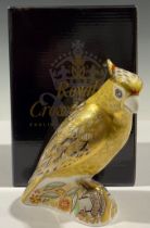 A Royal Crown Derby paperweight, Citron Cockatoo, gold stopper, boxed